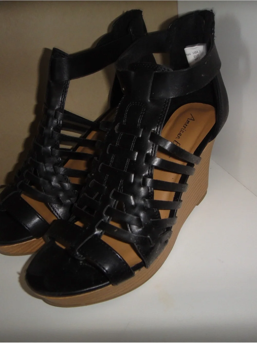 American Eagle Outfitters Black Strappy Wedge Sandals with Tan Wedge